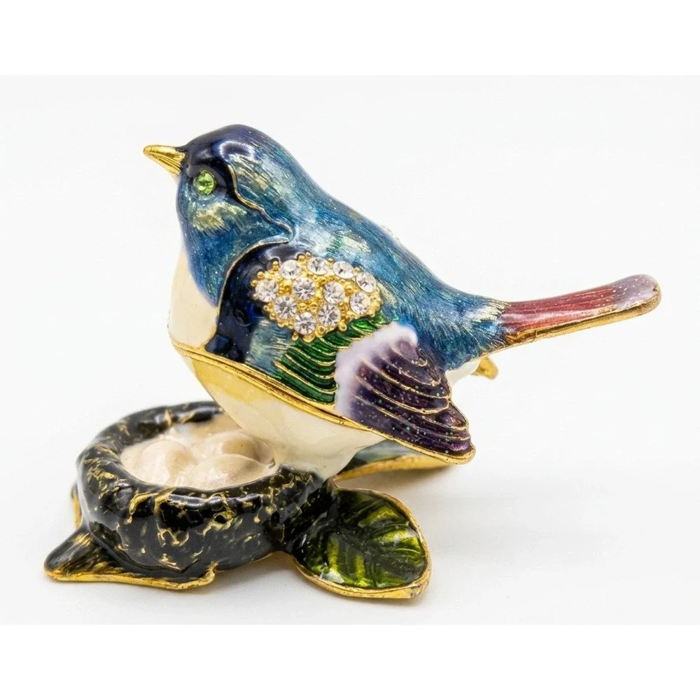 Bejeweled Bird Trinket Box, Enamel & Rhinestone Trinket Box, Blue Bird